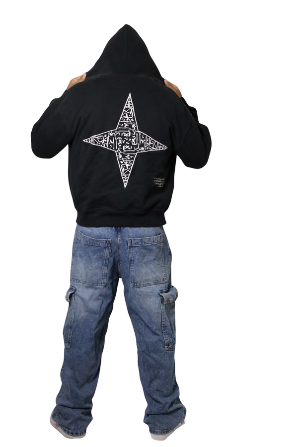 ARABIC STAR ZIP UP - WHITE ON BLACK